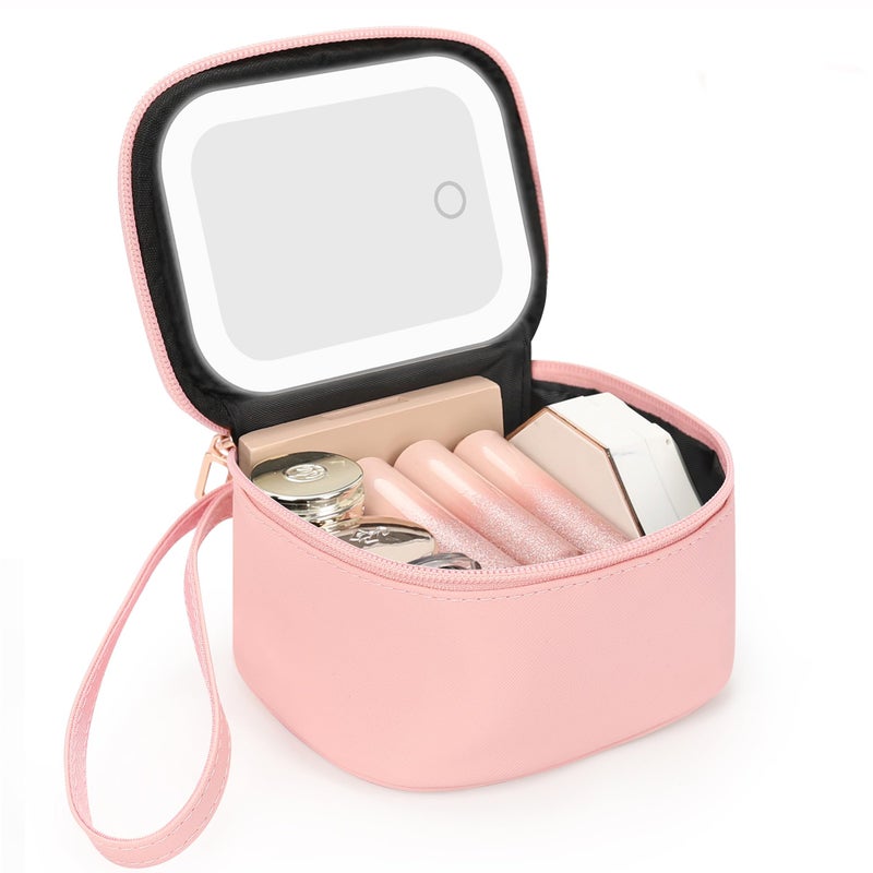 Relavel Mini Makeup Bag with Led Mirror Small Cosmetic Bag with 3 Light Modes Rechargeable Portable Makeup Pouch with HandsFree Wrist Strap for Pool PartiesWork TouchUpsTravel  Pink